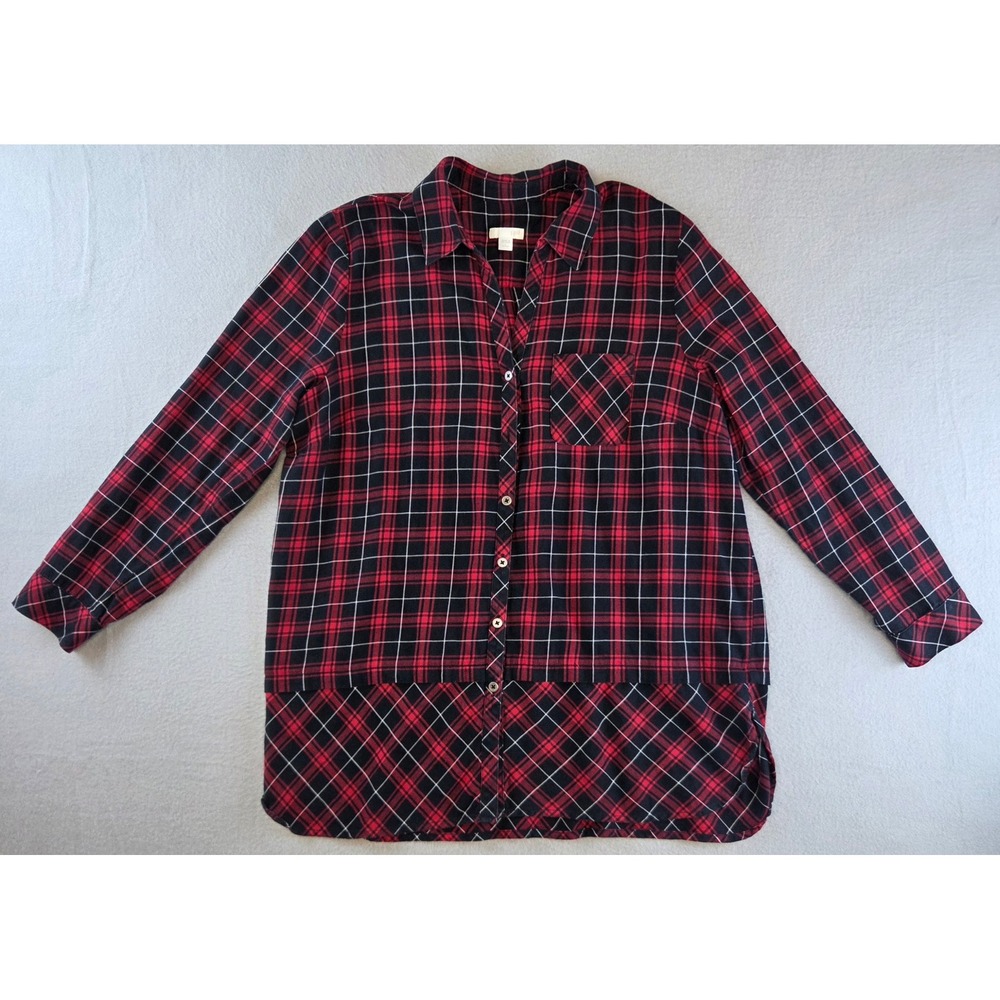 J.Jill Plaid Tunic Shirt Red Black Button Down High Low Hem Womens Petite Large
